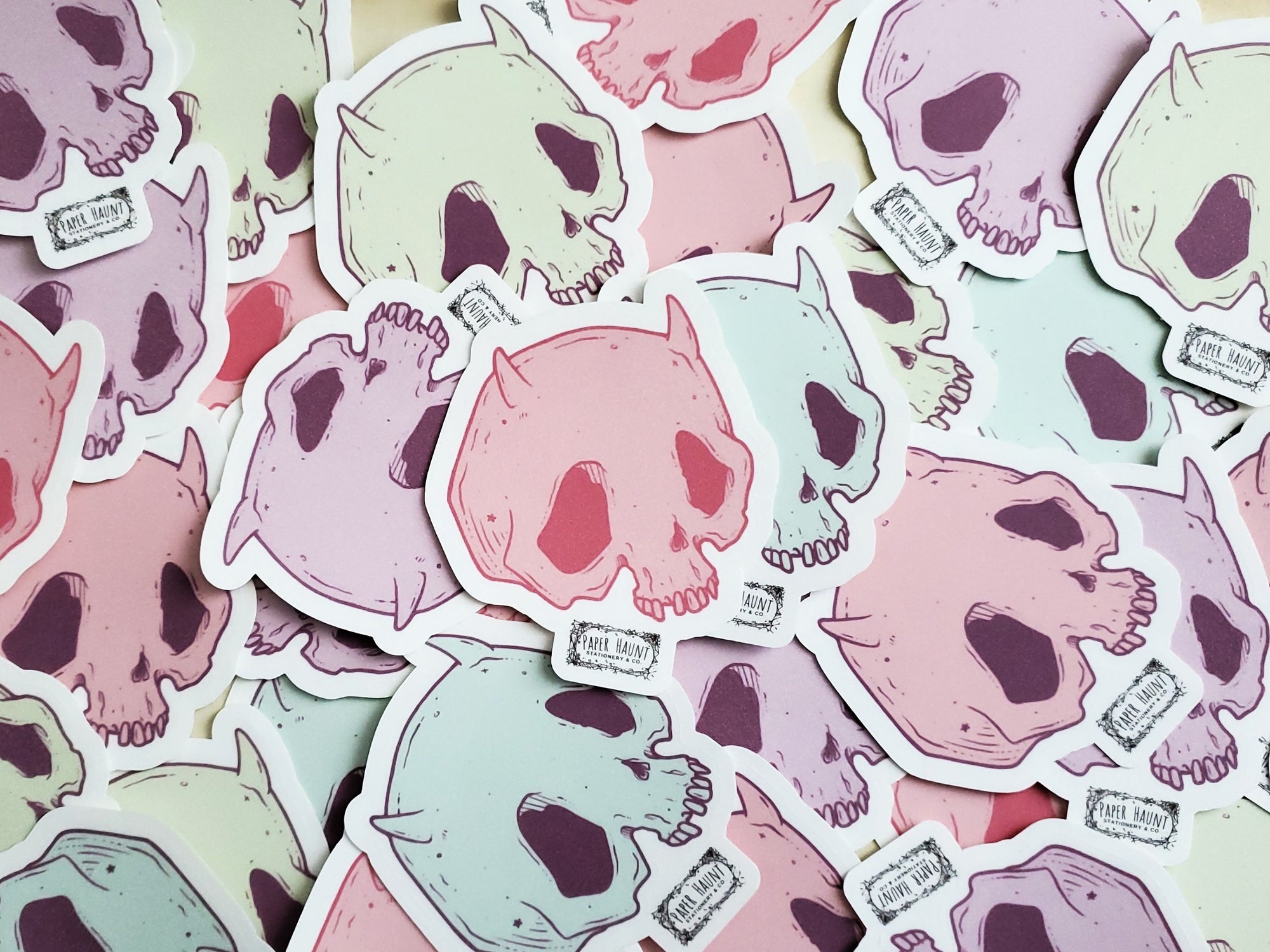 Pastel Devil Skull Sticker – Paper Haunt / White Stag Art
