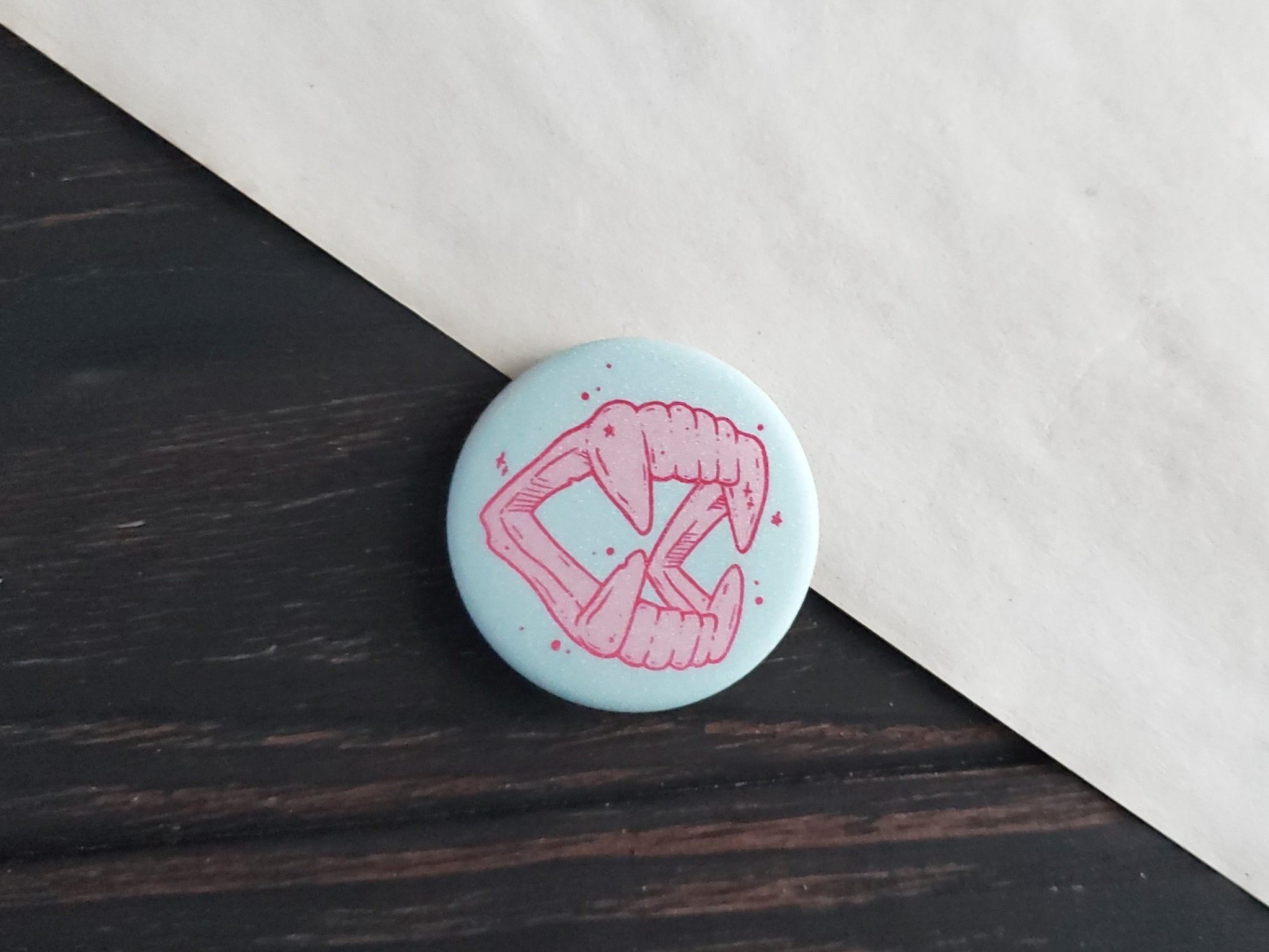 Pink Vampire Fangs pin badge