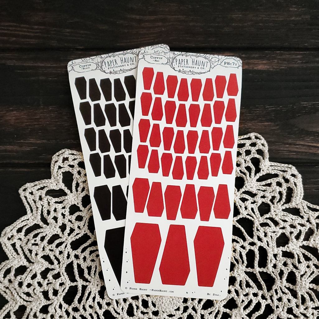 Blood Red and Black Coffin sticker sheet β Paper Haunt / White Stag Art