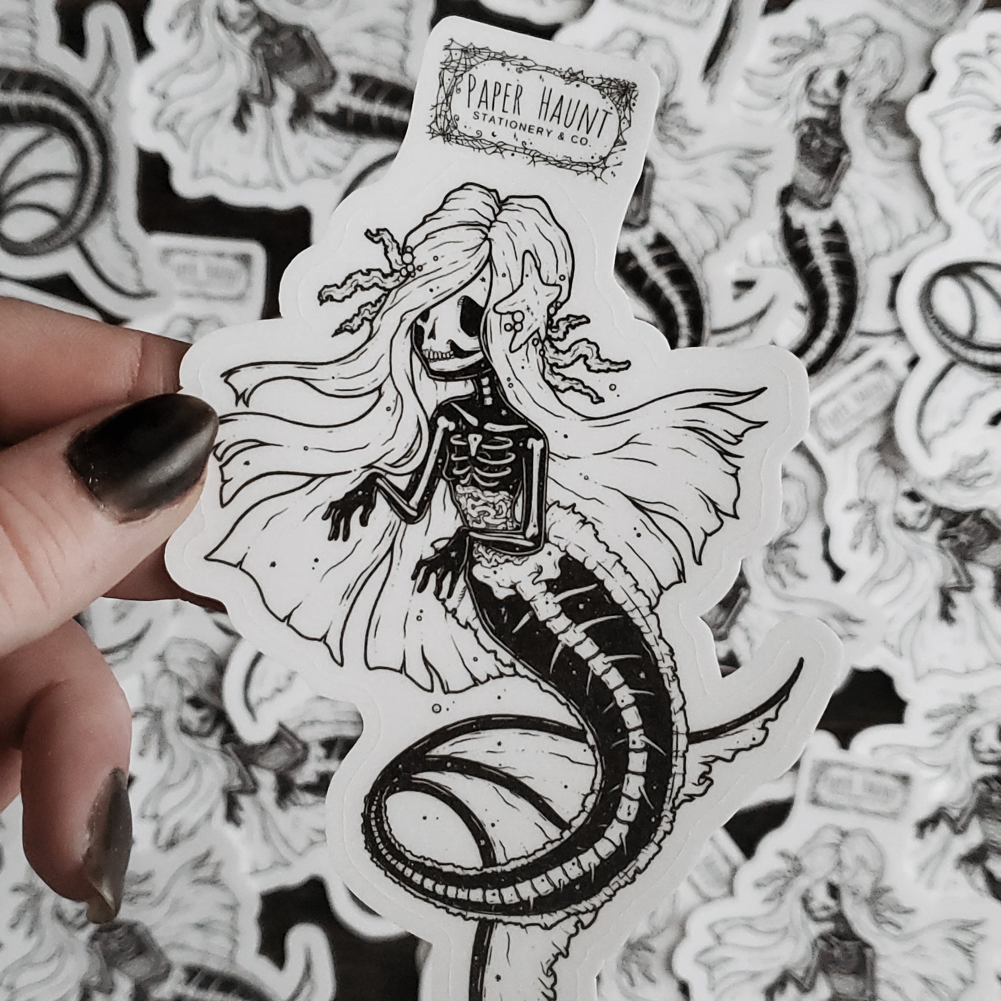 Creepy Cute goth Jelly Bones skeleton mermaid sticker- Mermaid's Lair - Paper Haunt Stationery & Co- Art by White stag