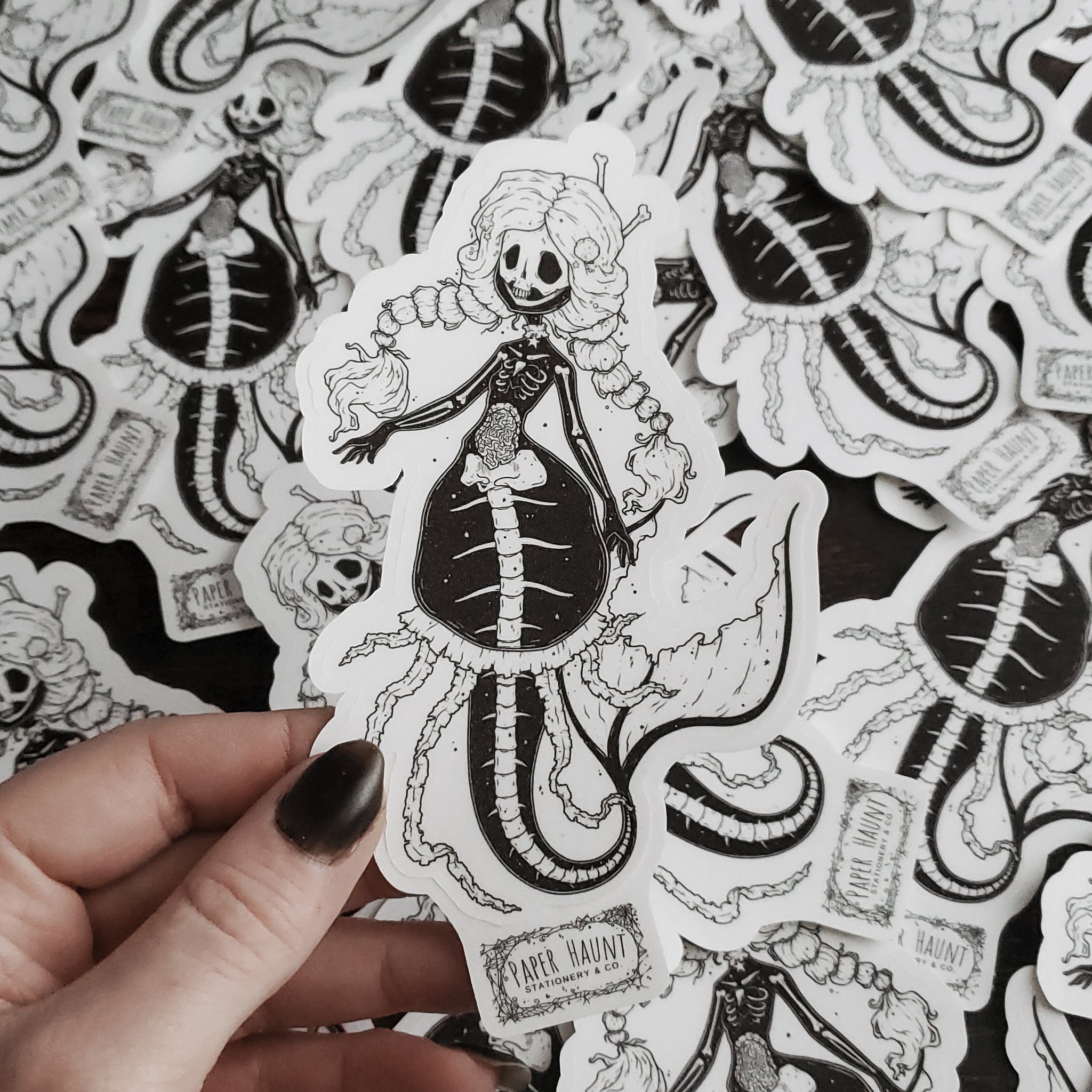 Creepy Cute Jelly Bones skeleton mermaid sticker- Mermaid's Lair - Paper Haunt Stationery & Co- Art by White stag