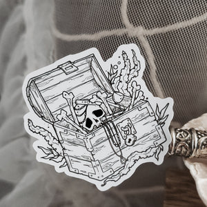 Close up of treasure chest sticker- Creepy cute nautical planner sticker sheet- Mermaid's Lair - Paper Haunt Stationery & Co- Art by White stag