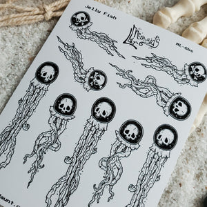 Creepy cute jelly fish skull planner sticker sheet- Mermaid's Lair - Paper Haunt Stationery & Co- Art by White stag