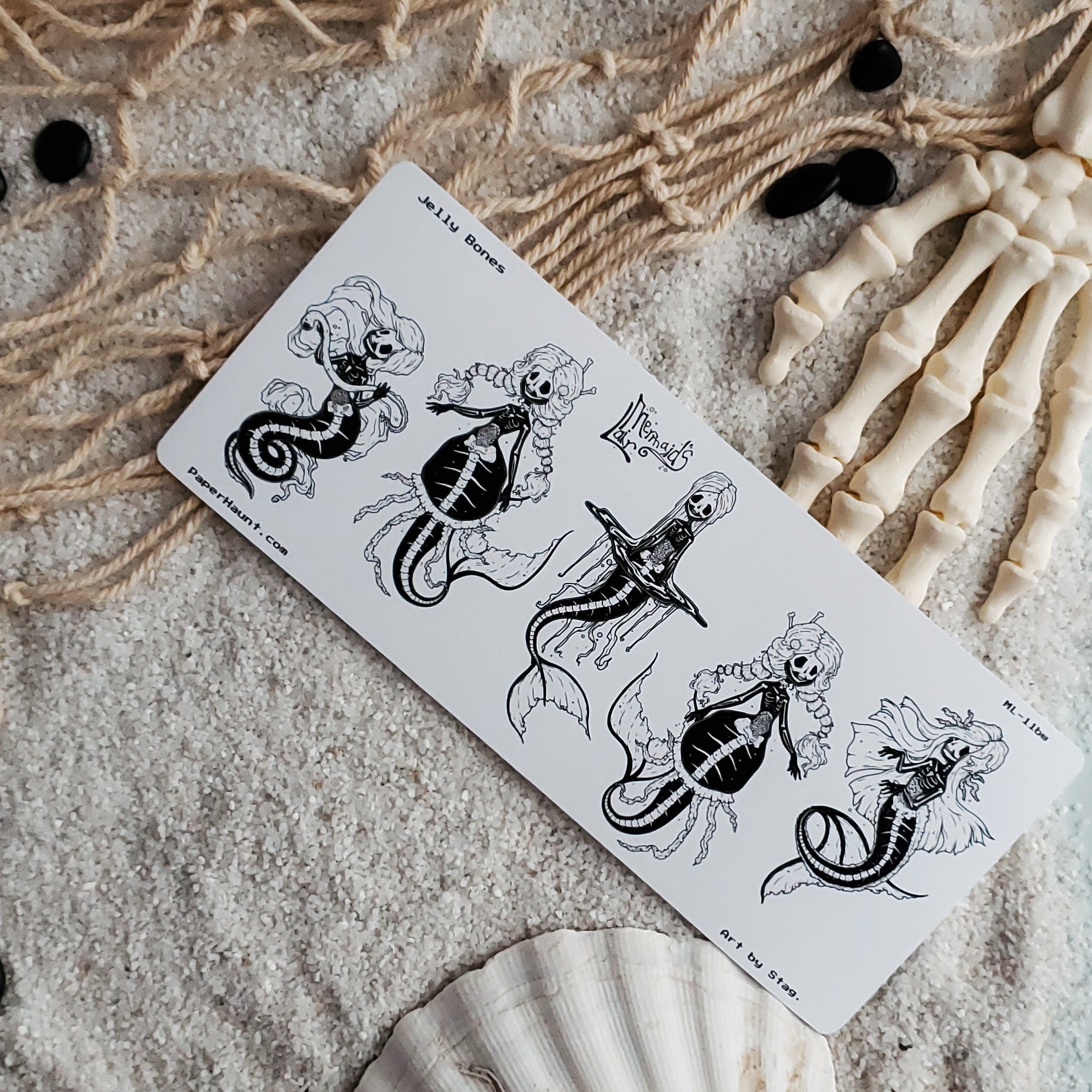 Creepy cute gothic skeleton jelly mermaid planner sticker sheet- Mermaid's Lair - Paper Haunt Stationery & Co- Art by White stag