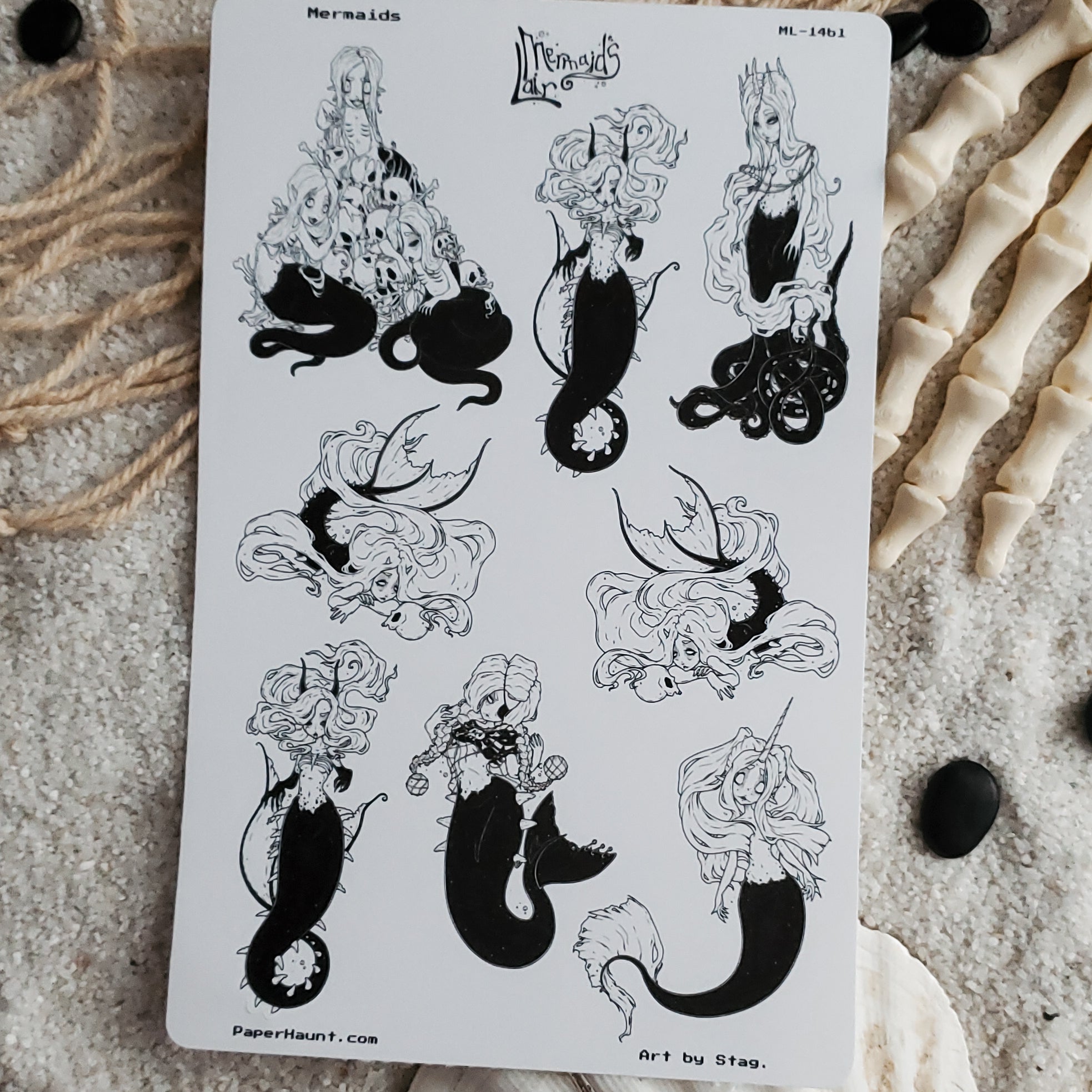 Creepy cute goth mermaid planner sticker sheet- Mermaid's Lair - Paper Haunt Stationery & Co- Art by White stag