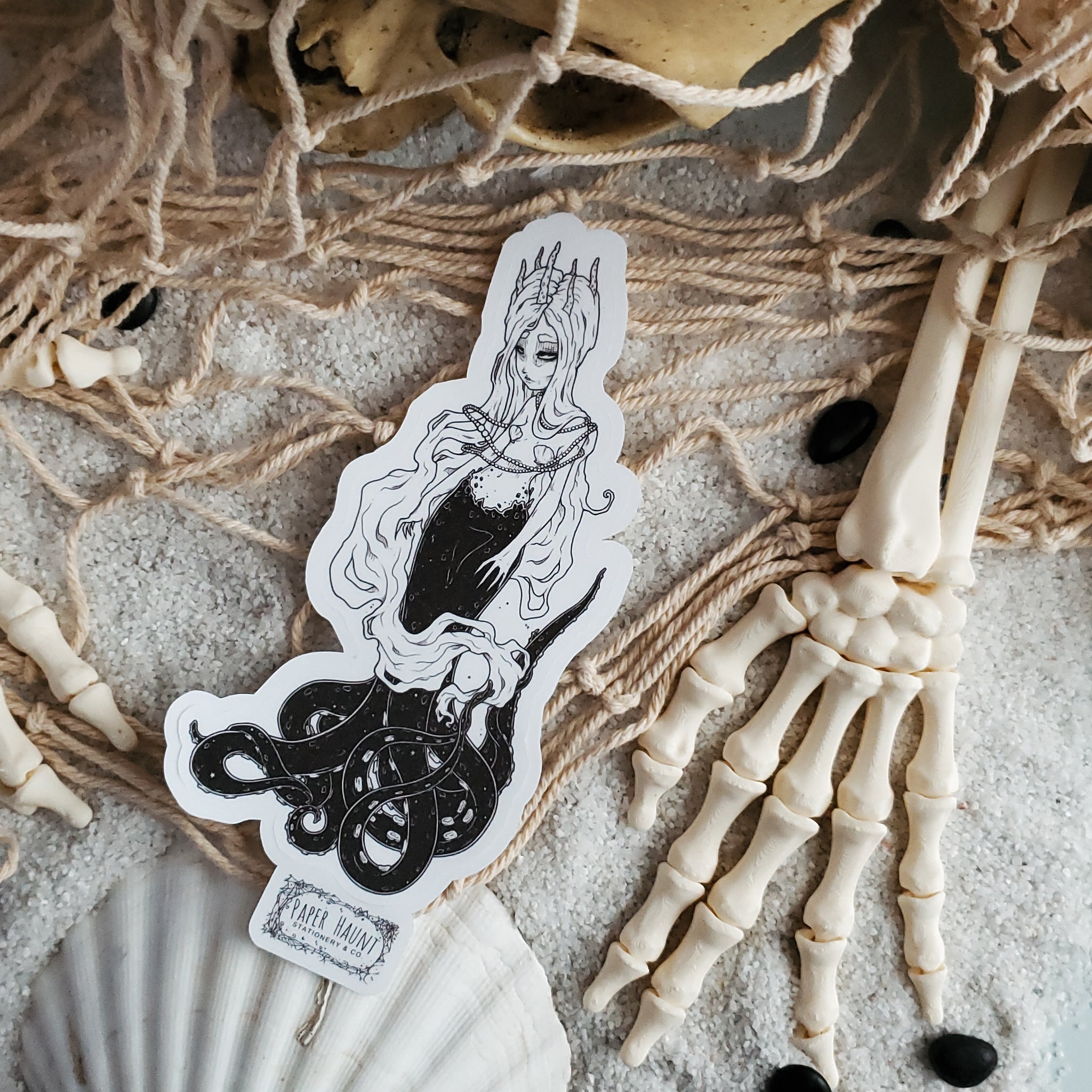 Sea Hag goth tentacle mermaid sticker- Mermaid's Lair - Paper Haunt Stationery & Co- Art by White stag