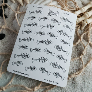 Fishbones fish skeleton planner sticker sheet- Mermaid's Lair - Paper Haunt Stationery & Co- Art by White stag