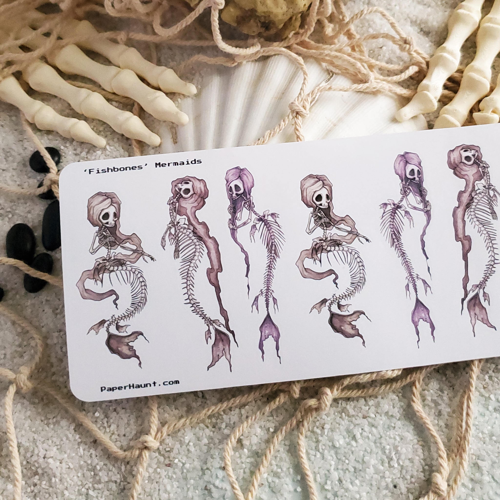 Fishbones skeleton mermaid planner sticker sheet- Mermaid's Lair - Paper Haunt Stationery & Co- Art by White stag