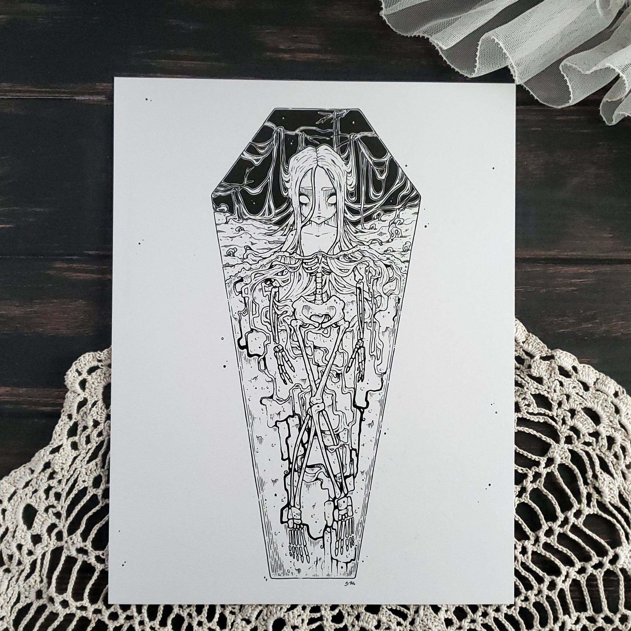 Skeleton Coffin Girl- Art Print