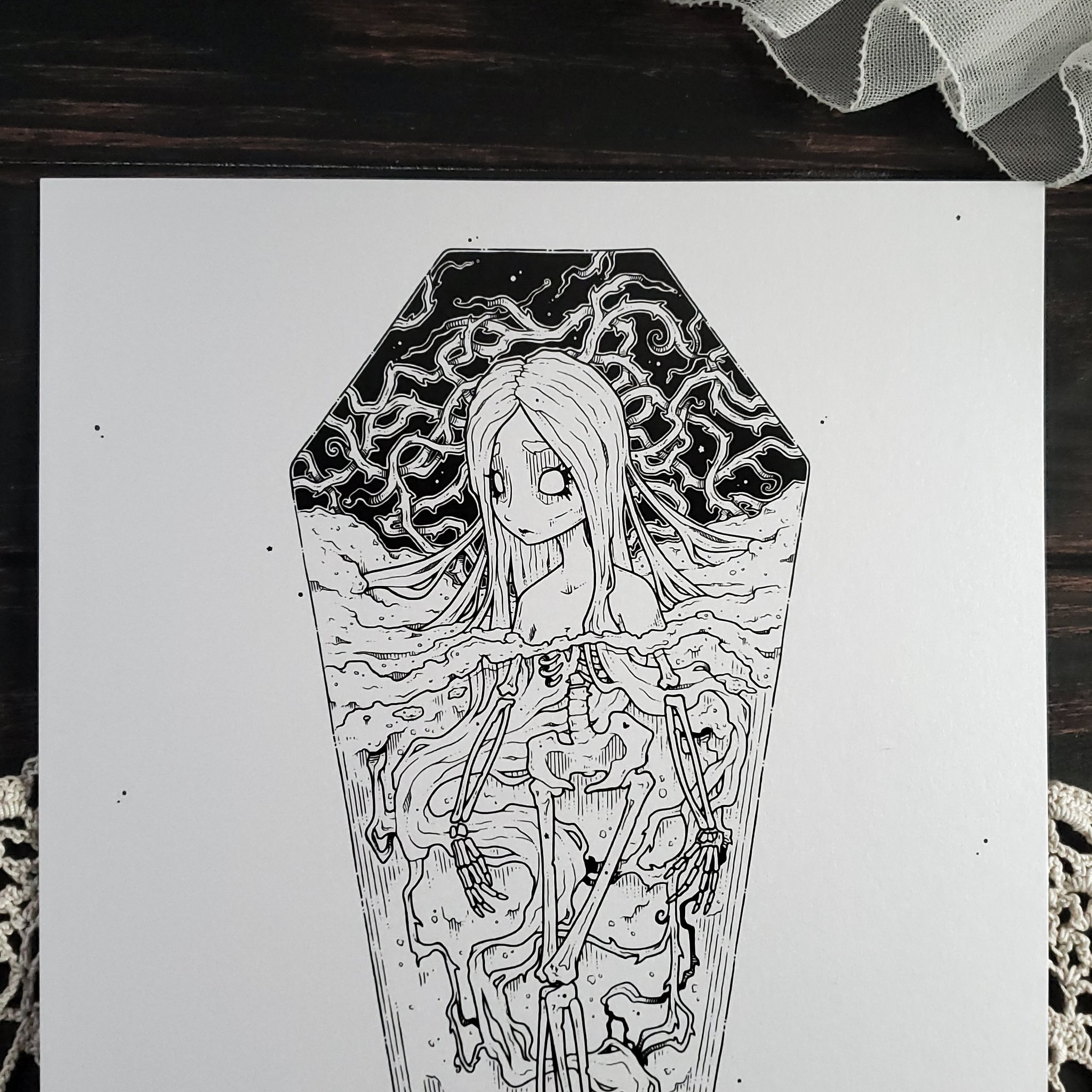 Skeleton Thorn Coffin Girl- Art Print