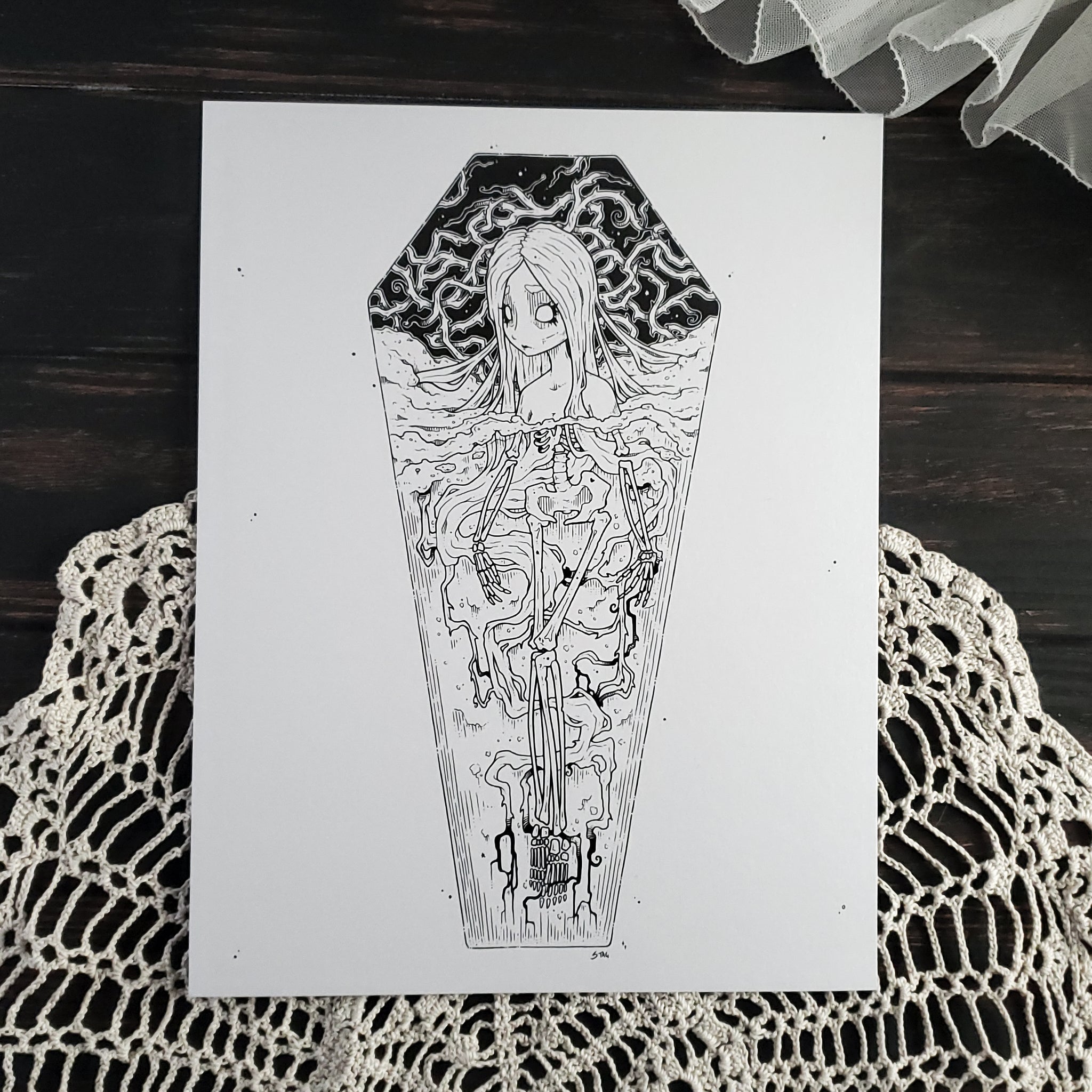 Skeleton Thorn Coffin Girl- Art Print