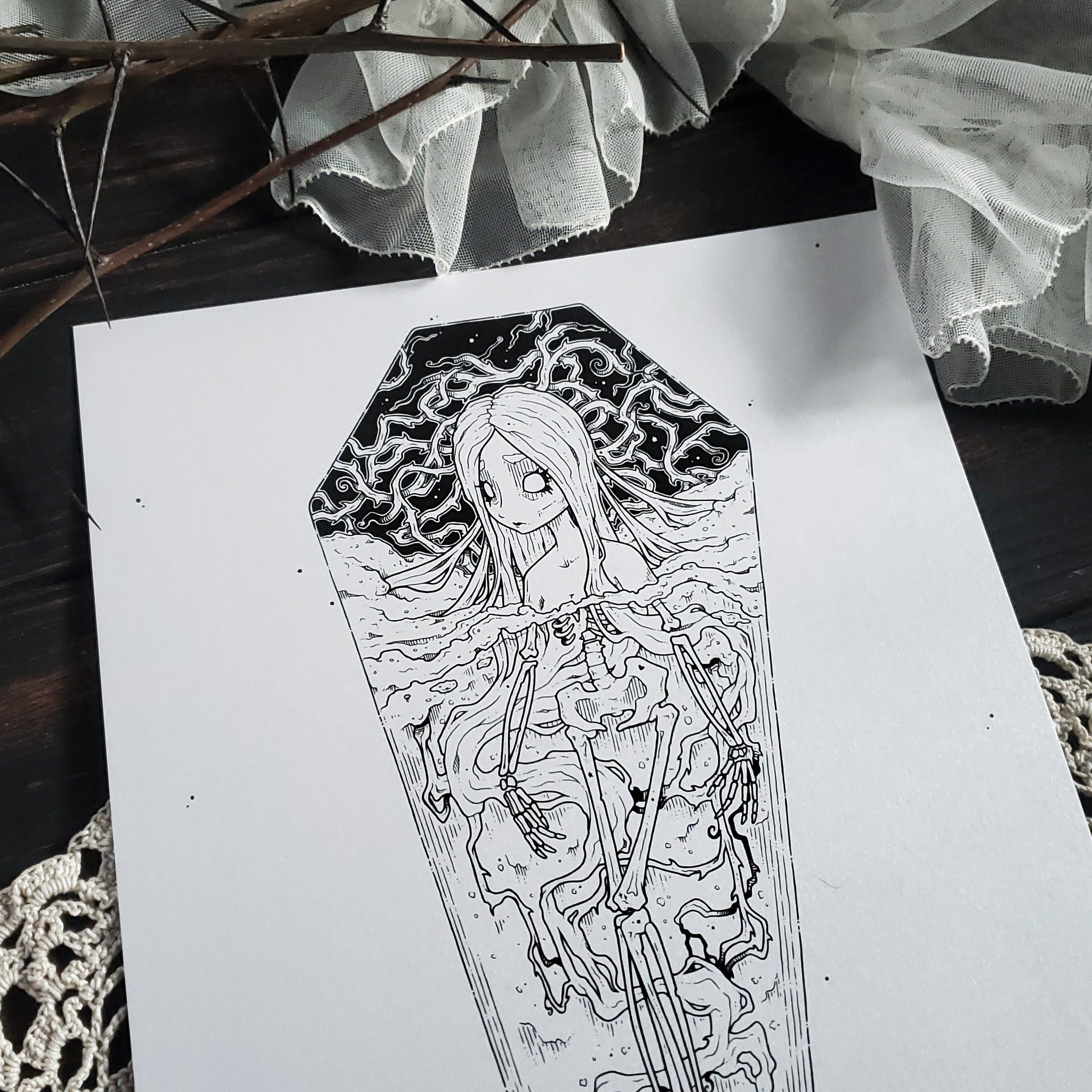 Skeleton Thorn Coffin Girl- Art Print