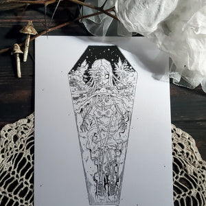 Skeleton Mushroom Coffin Girl- Art Print