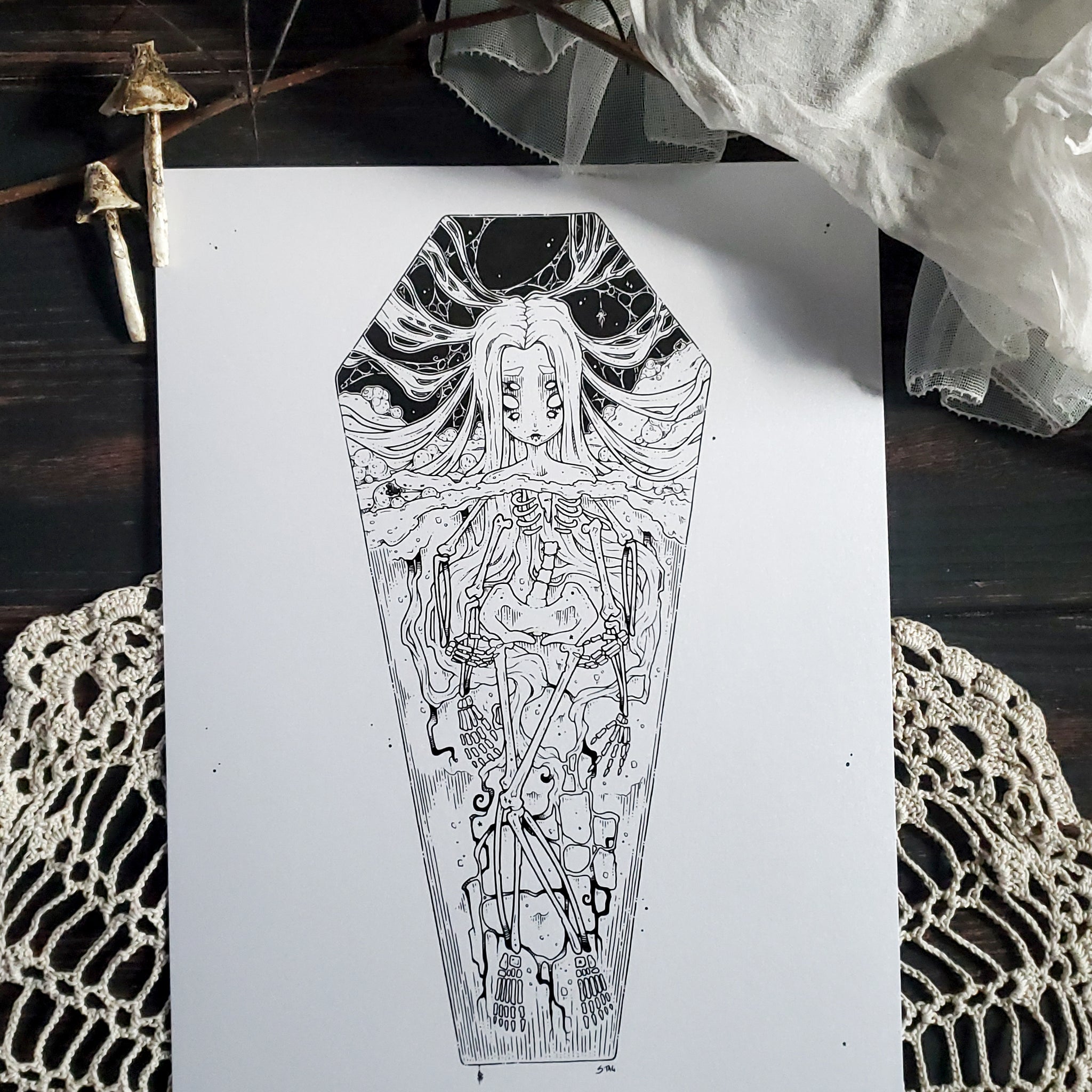 Skeleton Spider Coffin Girl- Art Print