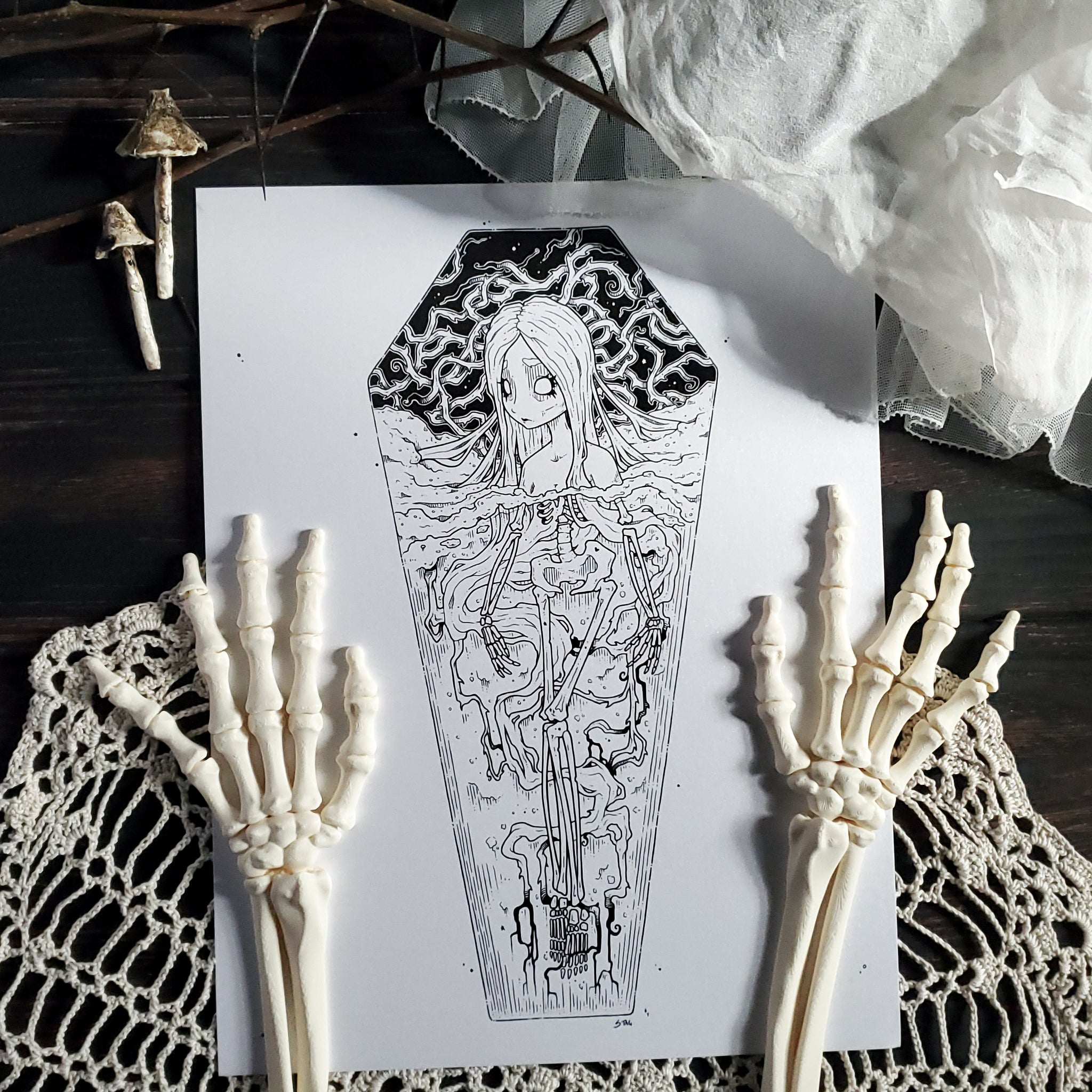 Skeleton Thorn Coffin Girl- Art Print