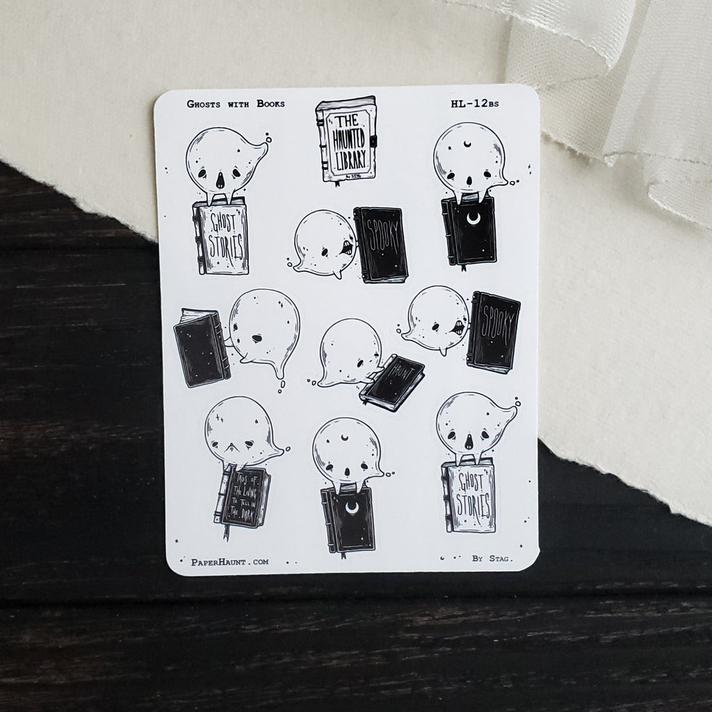 Ghosts with Books Planner STICKER Sheet – Paper Haunt / White Stag Art