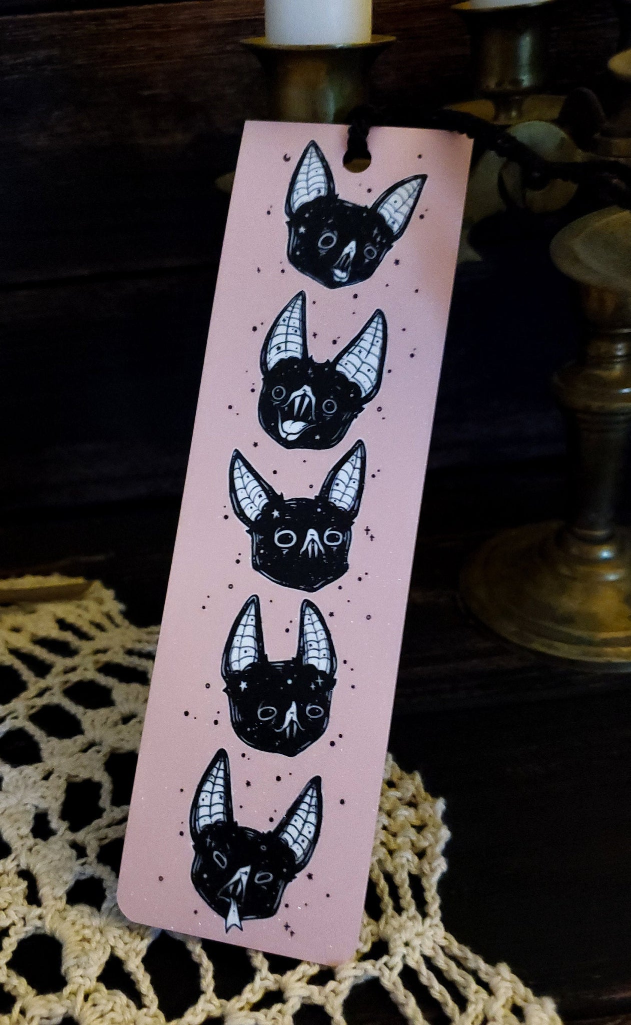 Pink Vampire Bat Bookmark, Pastel Goth, Spooky Cute - Lowbrow Misfits / White Stag Art