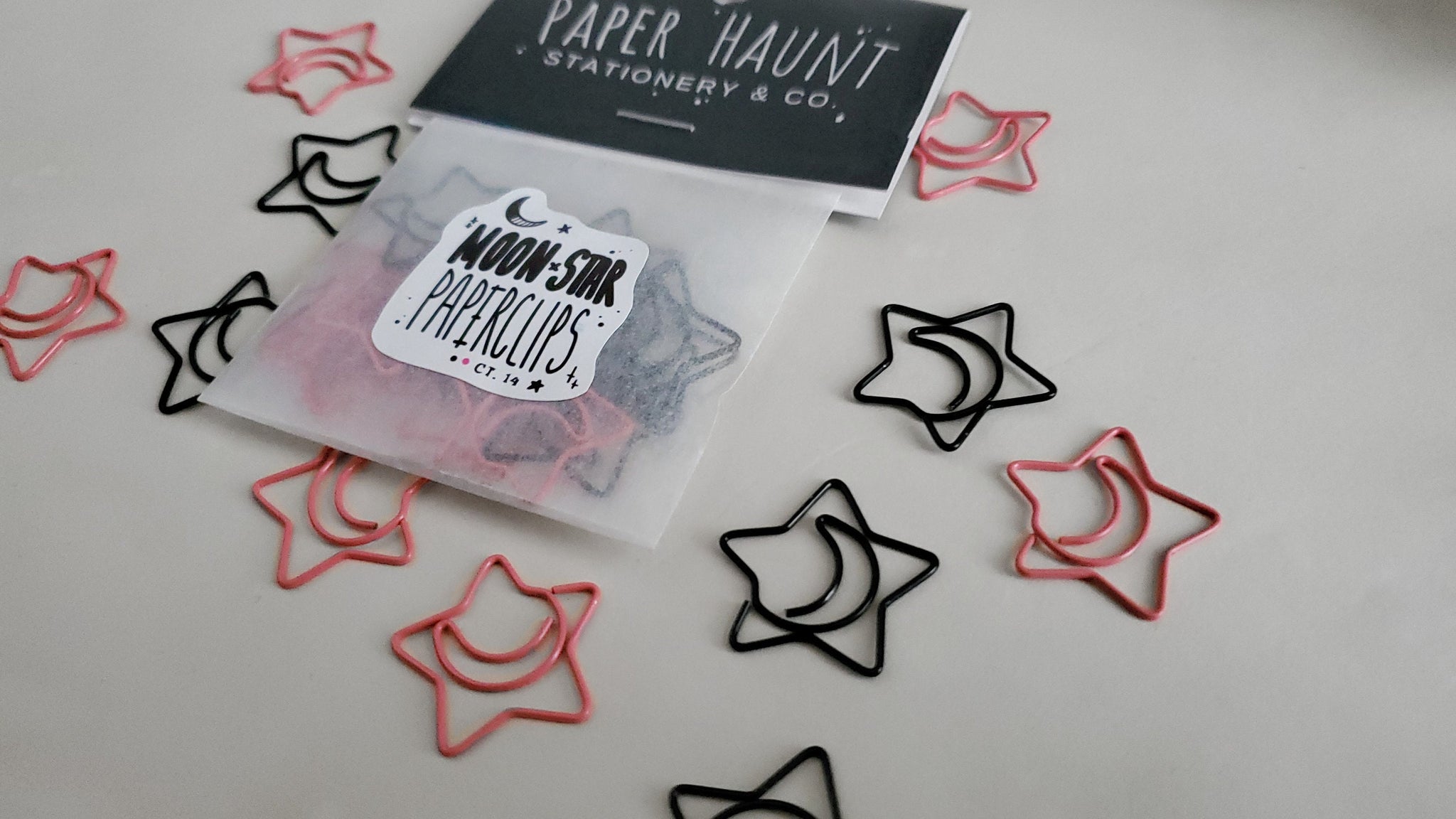 Pink and black Moon Star paperclips