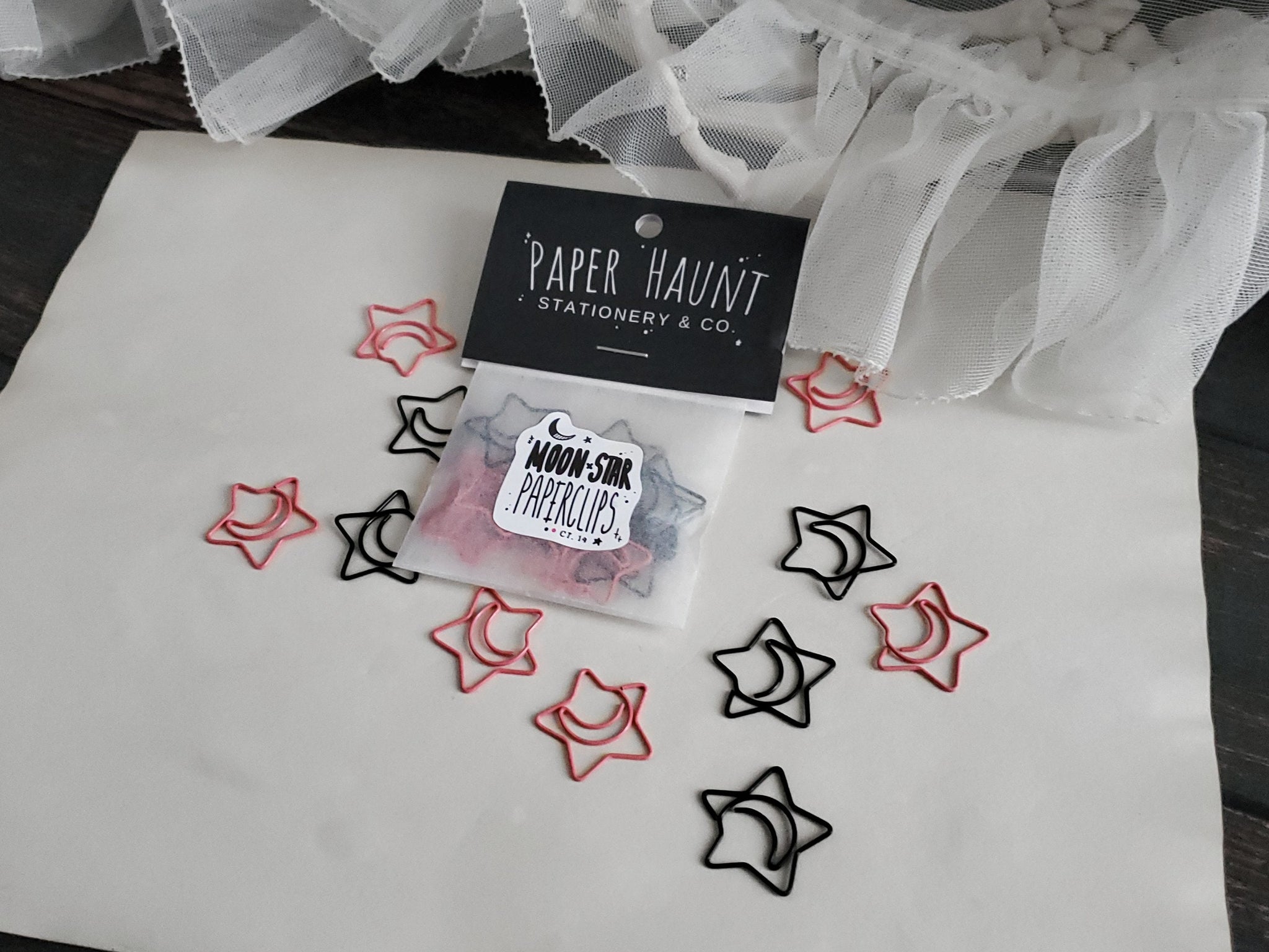 Pink and black Moon Star paperclips